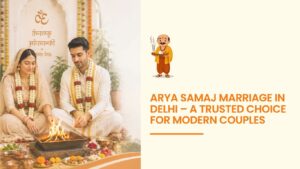 Arya Samaj marriage ceremony in Delhi with couple performing sacred fire ritual in traditional Hindu wedding