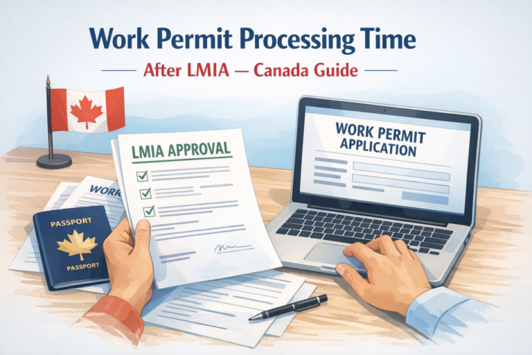 Create a clean and professional illustration showing a person submitting a work permit application for Canada. Include elements like a laptop, documents labeled LMIA approval, passport, and a small Canadian flag in the background. Use soft colors and a simple layout. Text overlay: “Work Permit Processing Time After LMIA – Canada Guide”.