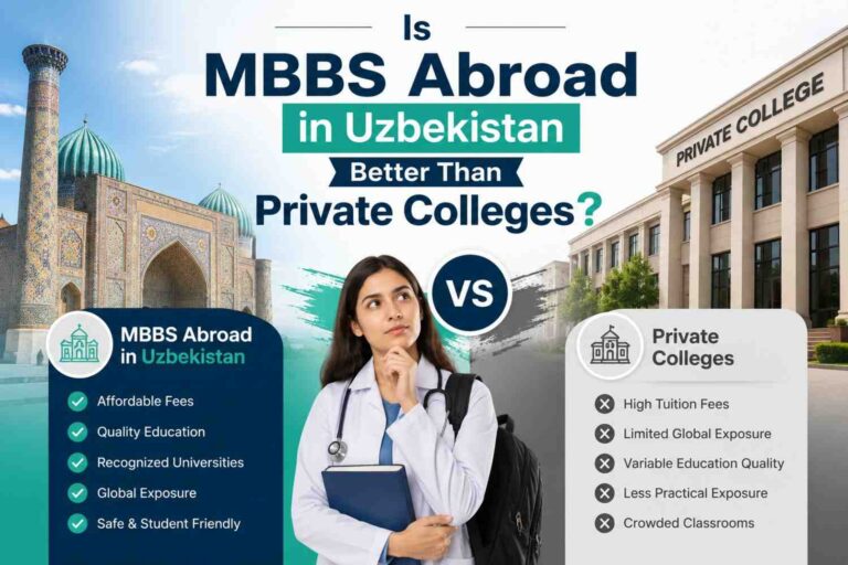 Indian students comparing MBBS abroad in Uzbekistan with private medical colleges for affordable medical education options