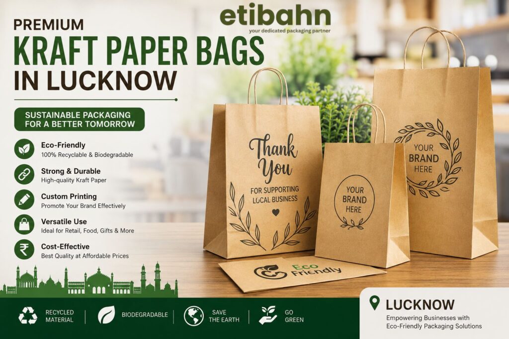 Kraft paper bags in Lucknow showcased in a premium retail store as an eco-friendly and stylish packaging solution for modern businesses.