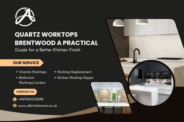 Quartz worktops Brentwood kitchen surface with modern cabinets and premium stone finish by Albritish Stone.