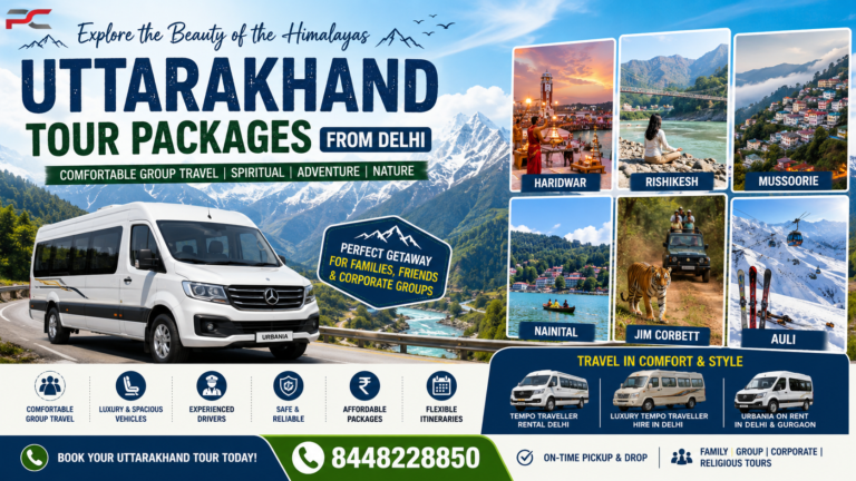 Promotional travel banner for Uttarakhand Tour Packages from Delhi featuring Himalayan mountains, an Urbania luxury vehicle, and famous destinations like Haridwar, Rishikesh, Mussoorie, Nainital, Jim Corbett, and Auli. The design highlights comfortable group travel, luxury tempo travellers, and contact number 8448228850.