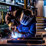 Industrial worker welding at the factory