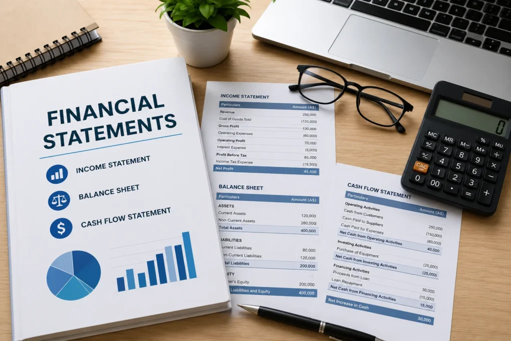 Professional workspace featuring financial statements, income statement, balance sheet, cash flow statement, calculator, laptop, and accounting documents illustrating accurate financial reporting and financial statement preparation.