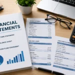 Professional workspace featuring financial statements, income statement, balance sheet, cash flow statement, calculator, laptop, and accounting documents illustrating accurate financial reporting and financial statement preparation.