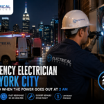 Licensed emergency electrician in New York City repairing an electrical panel at night with the YT Electrical Services logo, providing 24/7 emergency electrical services for power outages.