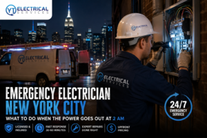 Licensed emergency electrician in New York City repairing an electrical panel at night with the YT Electrical Services logo, providing 24/7 emergency electrical services for power outages.