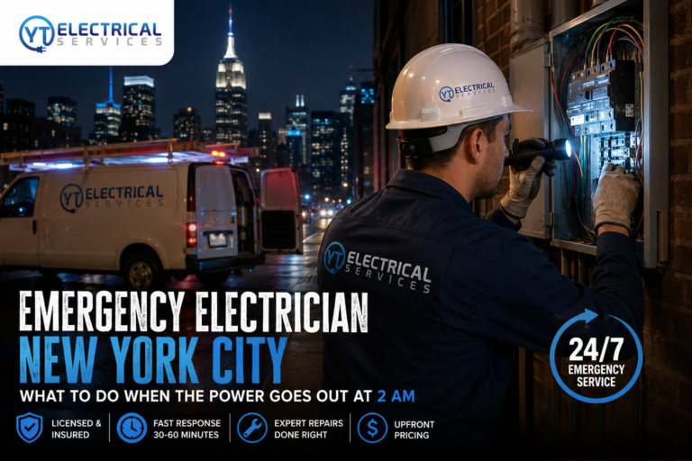 Licensed emergency electrician in New York City repairing an electrical panel at night with the YT Electrical Services logo, providing 24/7 emergency electrical services for power outages.