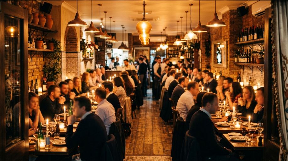 EO for restaurant UK local SEO and WordPress case study featured image showing busy London dining room