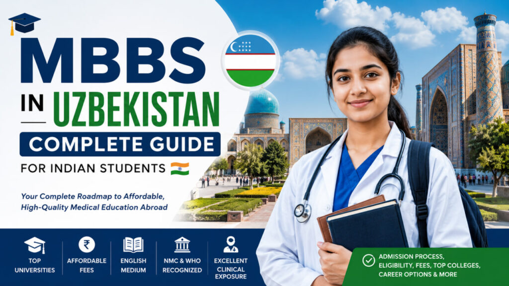 Indian students pursuing MBBS in Uzbekistan with modern medical university campus and expert admission guidance by Axis Institutes.