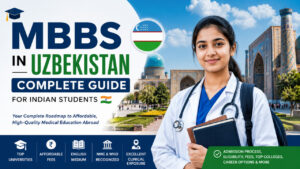 Indian students pursuing MBBS in Uzbekistan with modern medical university campus and expert admission guidance by Axis Institutes.