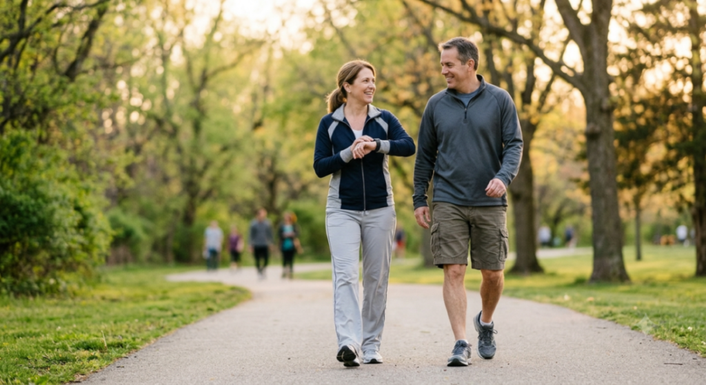 Couple walking together in a park while enjoying an active lifestyle to support long-term health and wellness