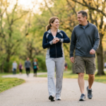 Couple walking together in a park while enjoying an active lifestyle to support long-term health and wellness