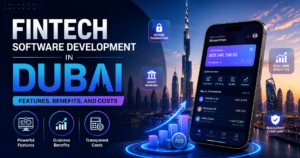 Modern fintech software - Fintech Software Development in Dubai development concept in Dubai featuring a digital banking app, Dubai skyline, financial analytics, secure transactions, and business growth visuals.
