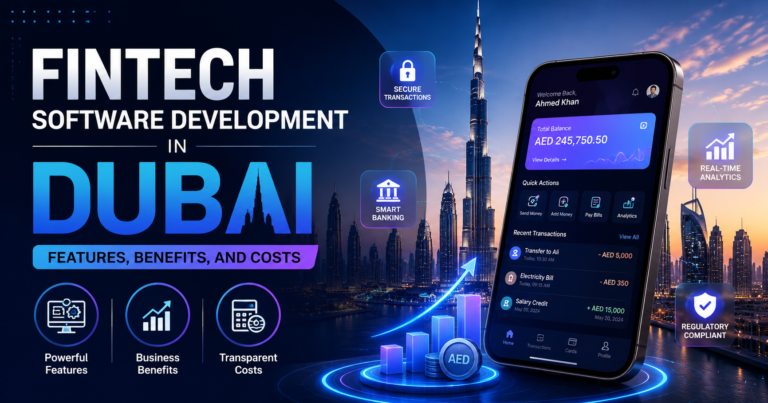 Modern fintech software - Fintech Software Development in Dubai development concept in Dubai featuring a digital banking app, Dubai skyline, financial analytics, secure transactions, and business growth visuals.