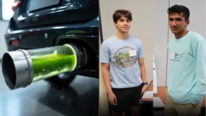 split screen one side Go Green Filter and second image two student who did invovation