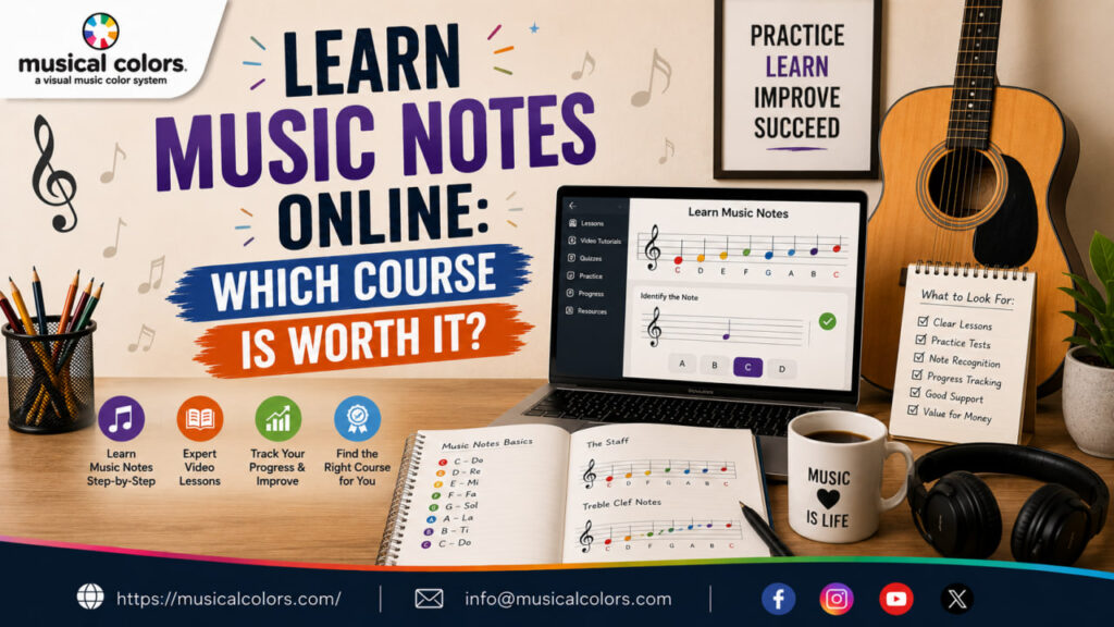 Student learning music notes online with digital sheet music and piano keyboard