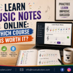 Student learning music notes online with digital sheet music and piano keyboard