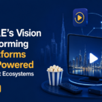 AI-powered OTT platform development UAE illustration featuring Dubai skyline, streaming screen, AI technology, and smart entertainment ecosystem concept.