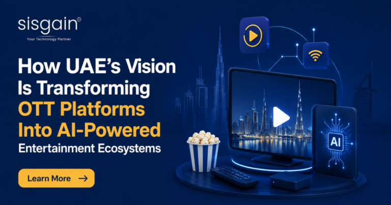 AI-powered OTT platform development UAE illustration featuring Dubai skyline, streaming screen, AI technology, and smart entertainment ecosystem concept.