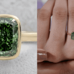 Rectangular green lab grown diamond ring with a yellow gold bezel setting displayed close-up and worn on a hand.