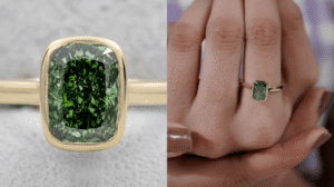 Rectangular green lab grown diamond ring with a yellow gold bezel setting displayed close-up and worn on a hand.