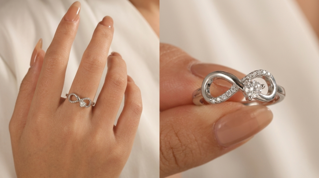Close-up of two white gold infinity rings on a woman's hand, featuring intertwined and diamond infinity symbol designs.