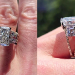 Radiant cut three stone diamond engagement ring with a hidden halo and pavé band shown from the top and side view.