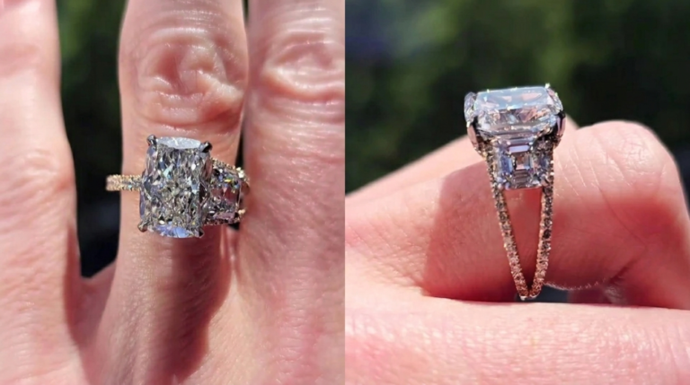 Radiant cut three stone diamond engagement ring with a hidden halo and pavé band shown from the top and side view.