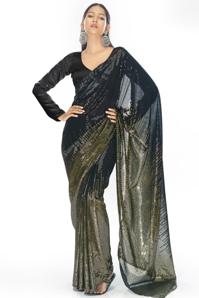 Black and Gold Sequin Embellished Designer Georgette Saree