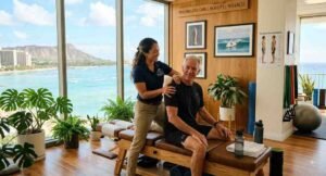 A male patient receives care from a female chiropractor at a light-filled chiropractic care in Honolulu clinic with ocean views and natural wood decor.