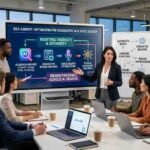 A team of marketing specialists collaborating in a modern office, visualizing data on large screens for a client of their generative engine optimization agency.