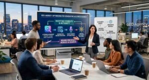 A team of marketing specialists collaborating in a modern office, visualizing data on large screens for a client of their generative engine optimization agency.