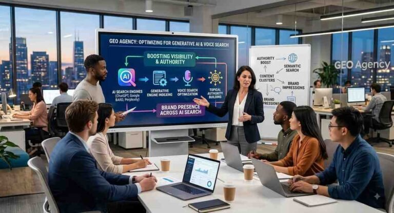 A team of marketing specialists collaborating in a modern office, visualizing data on large screens for a client of their generative engine optimization agency.