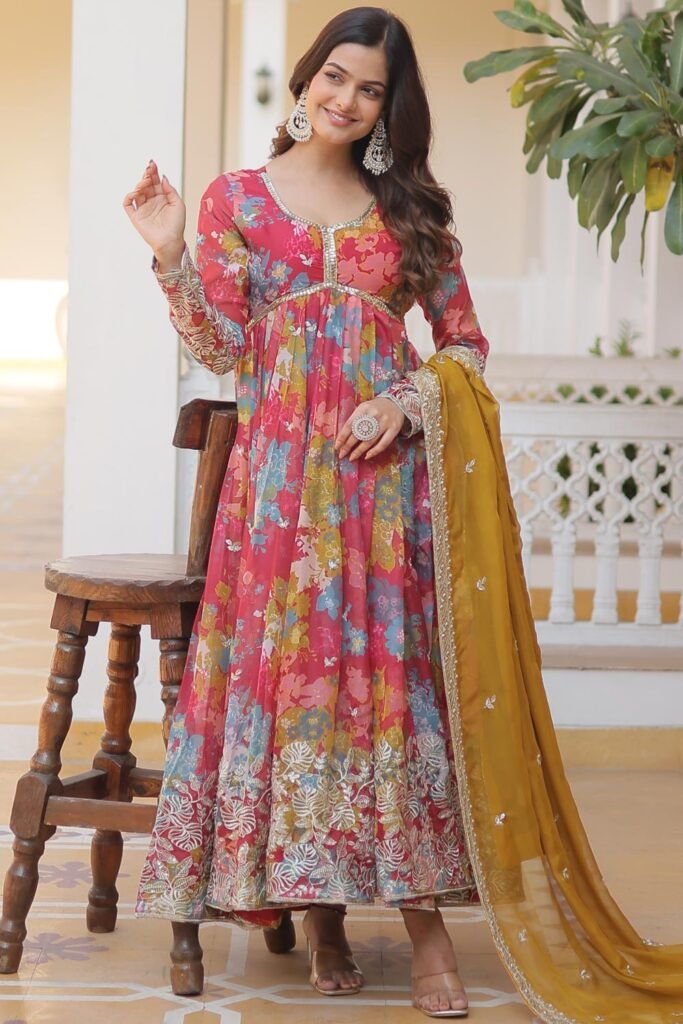 Red & Multicolor Silk Printed & Embroidered Anarkali Dress With Dupatta