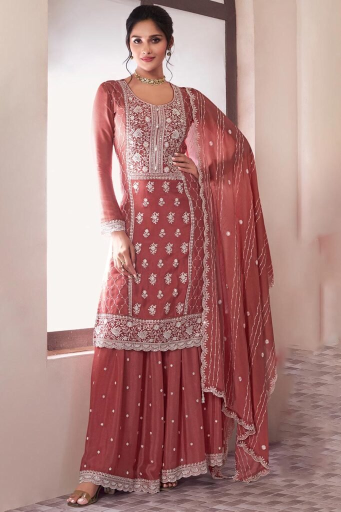 Sunset Orange Chinon Silk Embroidered Sharara Kurta Set
