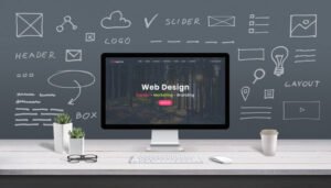 A computer screen displaying a website layout surrounded by wireframe sketches representing comprehensive web design and development services.