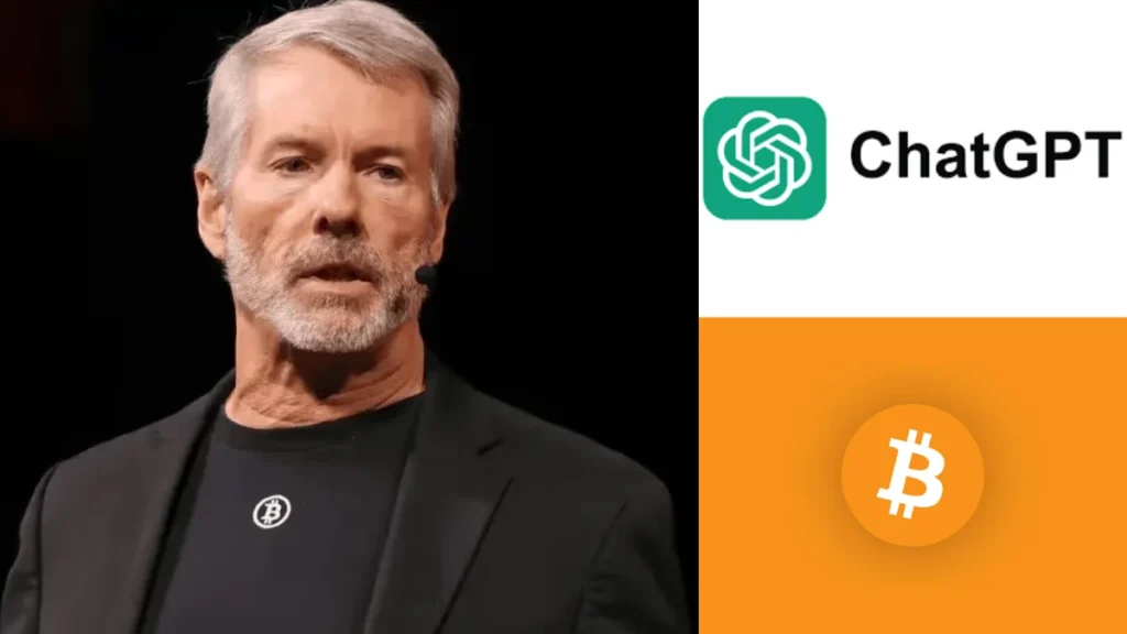 Executive Michael Saylor speaking beside ChatGPT logo and orange Bitcoin emblem graphics on split background