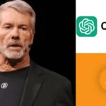 Executive Michael Saylor speaking beside ChatGPT logo and orange Bitcoin emblem graphics on split background