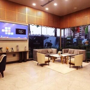 modern office lounge interior with wooden wall panels and seating