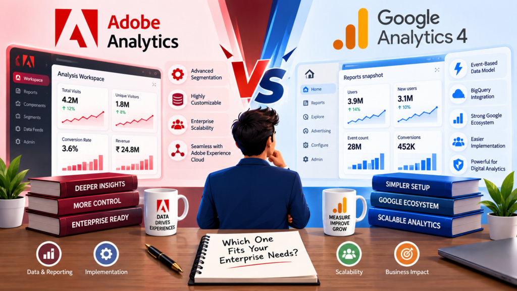 Adobe Analytics vs Google Analytics 4 comparison for enterprise reporting, data analysis, and scalability