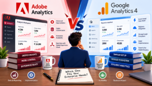 Adobe Analytics vs Google Analytics 4 comparison for enterprise reporting, data analysis, and scalability