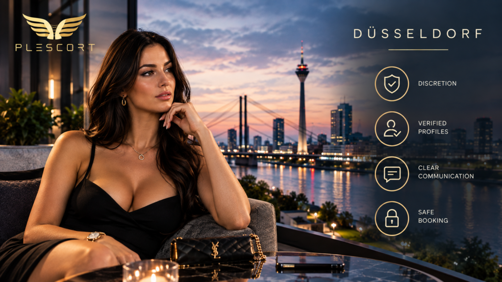 Escort Düsseldorf featured image with Plescort branding, highlighting discretion, verified profiles, clear communication, and safe booking.