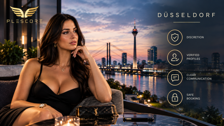 Escort Düsseldorf featured image with Plescort branding, highlighting discretion, verified profiles, clear communication, and safe booking.