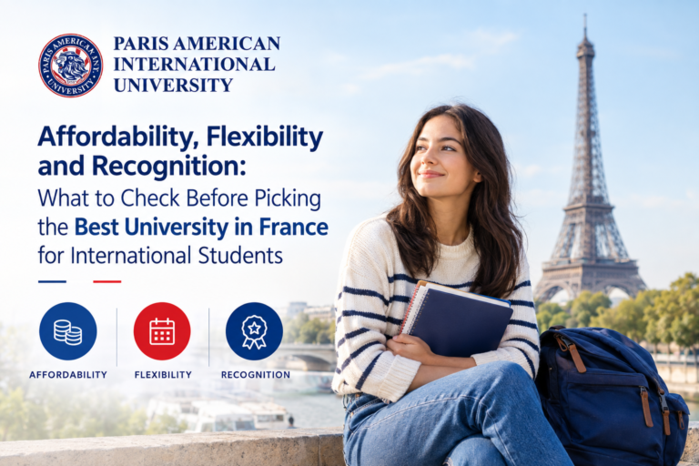 Best university in France for international students — Paris American International University with Eiffel Tower backdrop