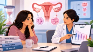 Low ovarian reserve at 30 showing AMH testing, ovarian follicle count, fertility assessment, and IVF options