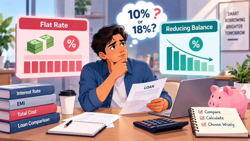 Flat rate vs reducing balance loan comparison showing interest calculation, EMI, total borrowing cost, and effective interest rate.
