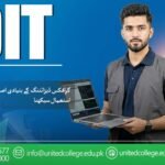 A promotional banner for a DIT course featuring a man holding a laptop against a blue background with contact details at the bottom in a green bar.
