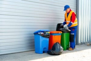 Janitor takes garbage out of trash container outdoors in the street