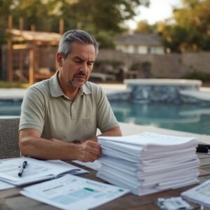 lucid-origin_A_homeowner_looking_concerned_while_reviewing_a_stack_of_paperwork_and_quotes_at-0